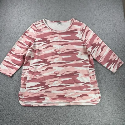 T By Talbots Top Womens 1X  Pink Camo Pullover Terry 3/4 Sleeve Comfy Casual - Image 1 of 4