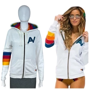 Aviator Nation Rainbow Full Zip White Hoodie Small Rainbow Hood and Sleeve RARE - Picture 1 of 17