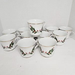 Set di 12 tazze da tè All The Trimmings Christmas Holly Fine Bone China Japan - Foto 1 di 7