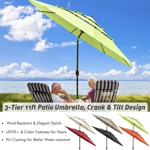 3-Tier 11 Ft Patio Umbrella with Crank Handle Push to Tilt Garden Pool - Picture 1 of 31