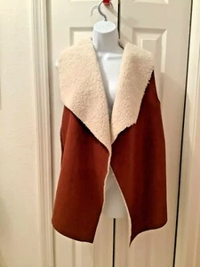 Womens Brown Suede Knit Sweater Vest Coat Sherpa Fleece Trim BoHo Size Large - Picture 1 of 7