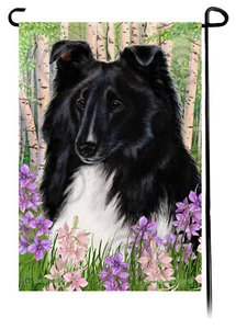 Spring Flowers Garden Flag - Black and White Shetland Sheepdog Sheltie - Picture 1 of 1