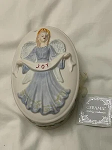 Angel Christmas Oval Ceramic Trinket Jewelry Box Joy Holidays Vintage Candy Dish - Picture 1 of 7