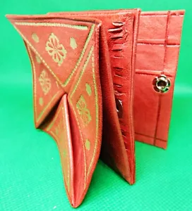 Red Gold Impressed Leather Double Sided Moroccan Fold Out Coin Purse and Wallet - Picture 1 of 6