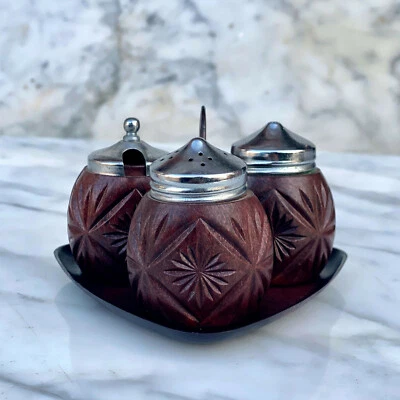 Juego de carrito coctelera de sal y pimienta de madera sintética atómica moderna Mid-Century de Twinco Foto 1 de 4