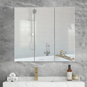 Bathroom Mirror Cabinet 3 Door Shelf Storage Wall Mounted Cupboard White Wood - Picture 1 of 11