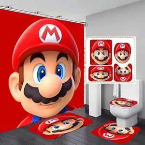 Bathroom 4 Pieces Set Mario Shower Curtain, Toilet Lid Cover - Picture 1 of 3