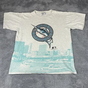 VINTAGE Florida Marlins T Shirt Mens L Gray MLB Baseball Miami Skyline AOP - Picture 1 of 11