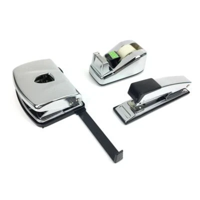 METZGER&MENDLE Chrom Schreibtisch Set Büro Locher Klebefilmrolle Tacker Heftgerät Metall