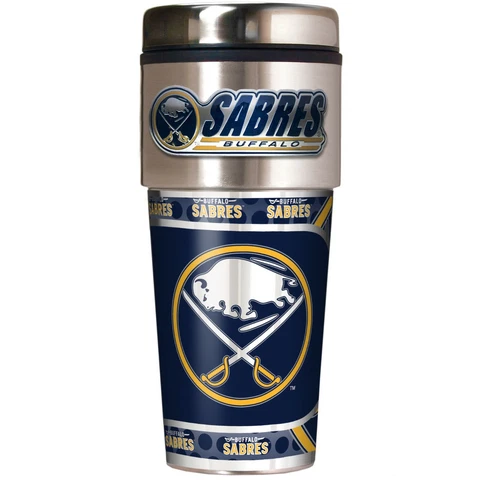 BUFFALO SABRES 16 OZ STAINLESS STEEL COFFEE TRAVEL MUG WITH METAL EMBLEM Cover