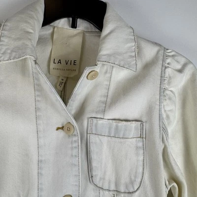 Chaqueta de mezclilla crema manga larga Rebecca Taylor La Vie con cinturón talla pequeña Foto 1 de 4