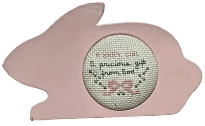 Antique Handmade Embroidery Wooden Pink Rabbit Baby Girl Gift from God Wall Hang - Image 1 of 3