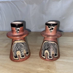 VTG Kenya Handmade Soapstone 2 Candle Holders - Zebra Theme Black/White 4" - Picture 1 of 7