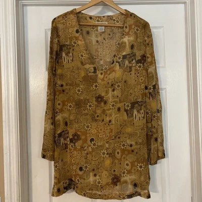 TravelSmith Top Feminino M Dourado Transparente Capa Manga Flare Artística Boho Brilhante - Imagem 1 de 4