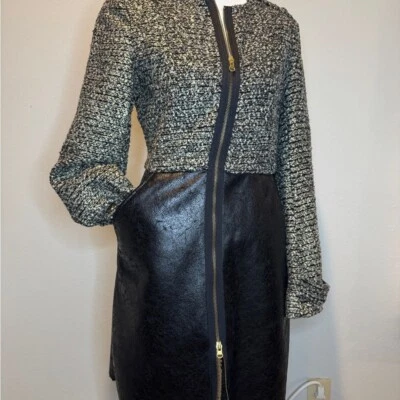 Vestido Chaqueta Rachel Roy Chic Negro Gris Metálico Tweed Imitación Cuero Talla 2 Foto 1 de 4