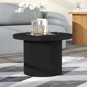 Pedestal Wood Round Coffee Table, 23.6'' W Black Small Coffee Table - Picture 1 of 8