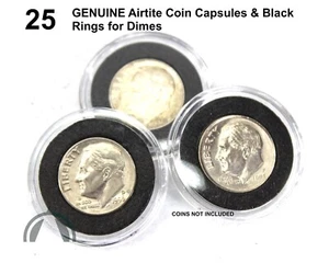 25 Pk Genuine Airtite Coin Capsules w 18mm Black Ring US Dimes / Air Tight - Picture 1 of 7