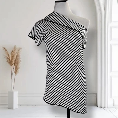 Top Diane Von Furstenberg Alsen Un Hombro Talla 2 Monocromo Seda Rayas Foto 1 de 4