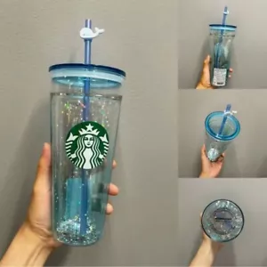 Starbucks Whale Sequin Pendant Gradient Blue Double wall Glass Straw Cup Tumbler - Picture 1 of 11