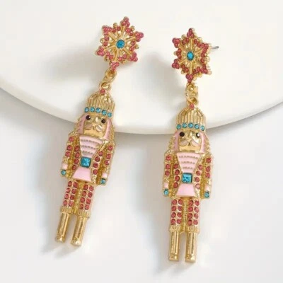 Nutcracker Earrings Snow Flake Pink Gold Fashion Christmas Women Holiday Ballet - Image 1 of 4
