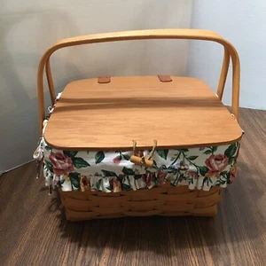 1996 Longaberger Picknickkorb Doppelgriff Kunststoff & Stoffeinsatz Knebelverschluss - Bild 1 von 18