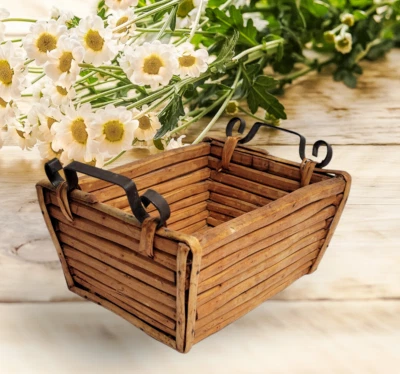 Vintage Rustic Wood Farmhouse Serving Basket Tray With Metal Handles 9" - Image 1 of 4