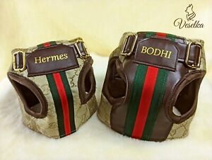 Designer Gucci Small Dog Puppy Harness Leash and Collar Set.  Personalised