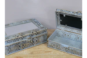 Gold Metal Mirrored Glass Jewellery Box Ornate Antique Distressed Grey Finish - Picture 1 of 2