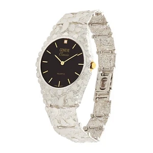 Sterling Silver Nugget Wrist Watch with Geneve Watch with Diamond 8" 48 grams - Picture 1 of 4
