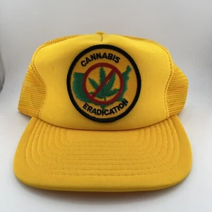 Vtg Cannabis Eradication Mesh Back Trucker Patch SnapBack Hat Cap Yellow Weed - Picture 1 of 7