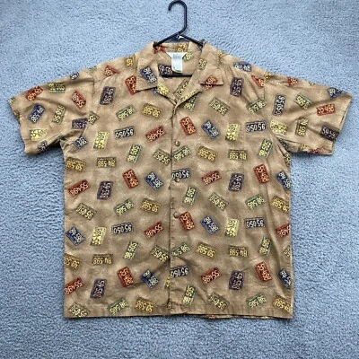 REI Shirt Mens XL Beige Button Up Hawaiian License Plates All Over Print AOP - Image 1 of 4