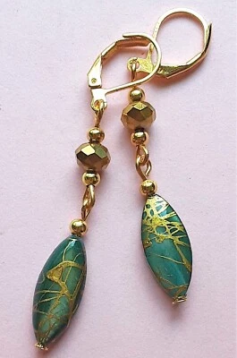 VERDE MAR Oro Rayas CÁSCARA Y CRISTAL Pendiente GP Artesanal XX Foto 1 de 4