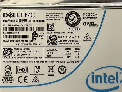 YWWTM DELL EMC 1.6TB NVME PCIE U.2 2.5'' SSD 0YWWTM SSDPE2KE016T8T New Pull - Image 1 of 4