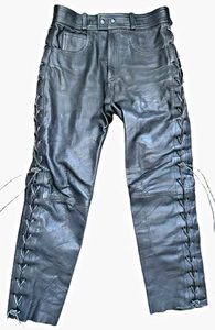 Leather Pants Unisex 29x28 Black Lined 5 Pocket Bootcut Jeans Zip Fly Side Lace - Picture 1 of 23