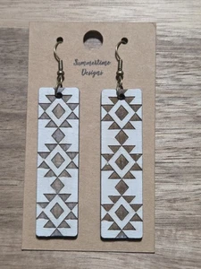 Hand Painted Laser Cut Wood Earrings White Aztec Bar 2.5" - Picture 1 of 1