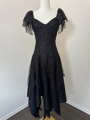 Vintage Nuance Black Lace Metallic Dot Puff Sleeve Dress Made in USA XS - Image 1 of 4
