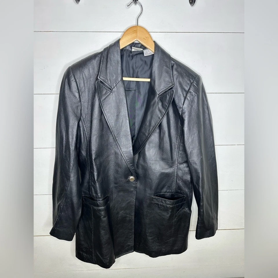 Blazer Newport News Mujer Talla 14 Negro Cuero Genuino Vintage Años 90 Minimalista Foto 1 de 4
