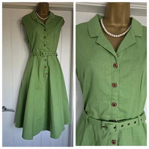 Collectif Vintage 1950s Style Green Cotton Linen Belted Tea Dress UK 14 TWINWOOD - Picture 1 of 7
