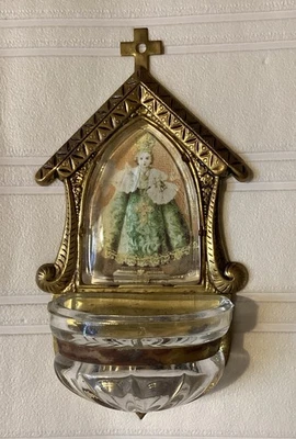 Placa de vaso de agua bendita monasterio franciscano vintage Christchild latón y vidrio Foto 1 de 4