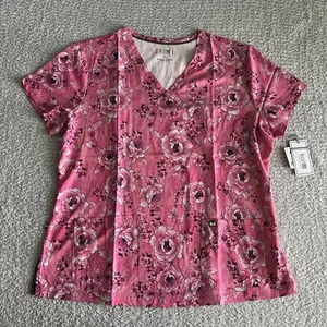 Koi Next Gen Scrub Top Women’s Sz XL Pink Denim Floral Stretch Nursing Medical - Picture 1 of 11
