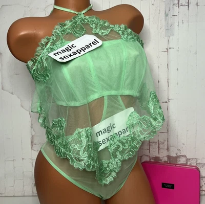 VICTORIAS SECRET XL FLORAL EMBROIDERY SHEER BOHO HALTER-NECK BODYSUIT TEDDY - Image 1 of 2