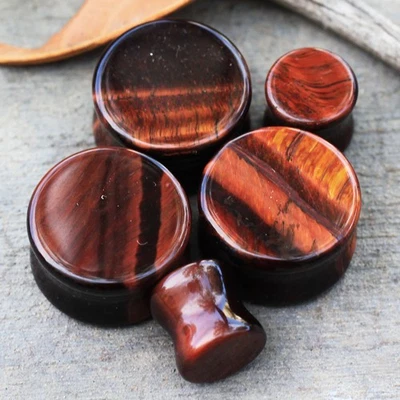 PAIR of Natural Red Tiger Eye Stone Saddle Plug - Image 1 of 4