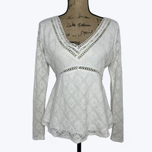 Hollister Babydoll Top Sz L Off White Long Sleeve Floral Lace Boho Feminine - Picture 1 of 16