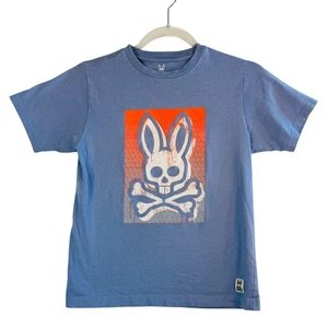 Psycho Bunny Boys L 14/16 Graphic Tee Blue Orange Skull Bunny Logo Shirt - Picture 1 of 11