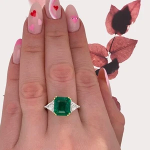 Lab Grown 4.80 Ct Emerald Cut Green Emerald Diamond Wedding Ring 14K Multi Gold - Picture 1 of 12