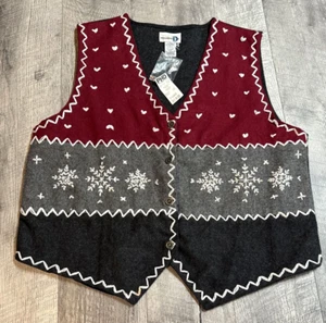 Paul Harris Wool Vest Womens XL Gray Patchwork Snowflakes Embroidered Winter NEW - Picture 1 of 12