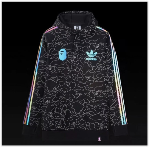 A BATHING APE (BAPE) Felpa con cappuccio tecnica BAPE x Adidas Large L A Bathing Ape nera riflettente RARA