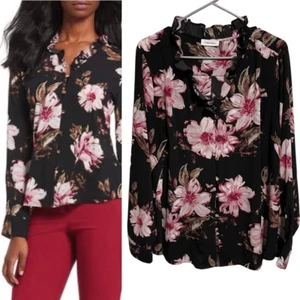 Calvin Klein- Women’s Black Pink Floral Button Front Ruffle Neck Plus Blouse. 1X - Picture 1 of 12