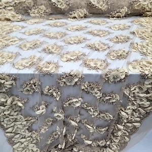 Nude French Lace Embroidery 3D Satin Flower Design Champagne Fabric By The Yard - Picture 1 of 10