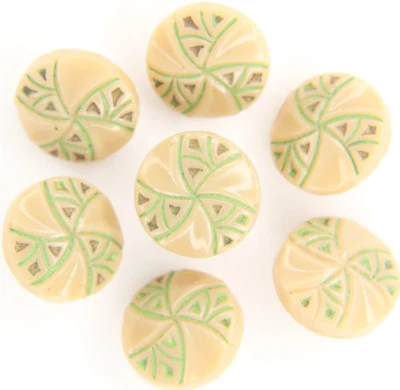 C1940s Vintage Cream Beige Glass Button LOT 7 Green Triangle Swirl Gold Luster - Image 1 of 3